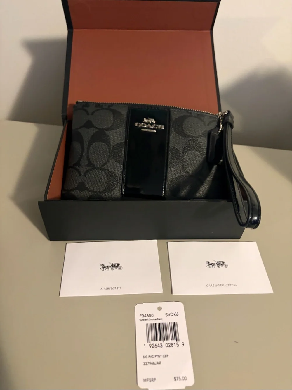 COACH Black Signature Patent-Trim Wristlet